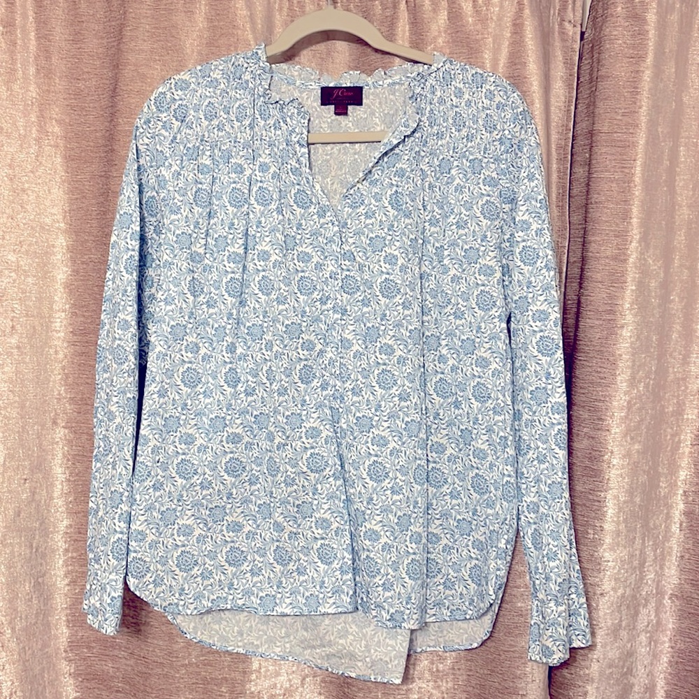 J Crew Ruffle Classic Popover in Liberty Print Blue White Floral Large